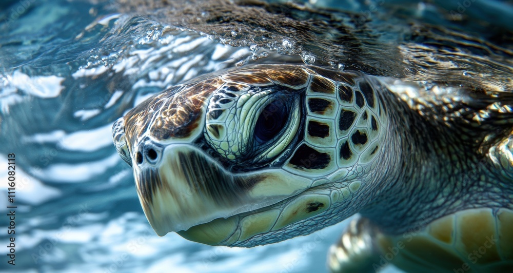 Fototapeta premium A close-up of a sea turtle swimming just below the water's surface.
