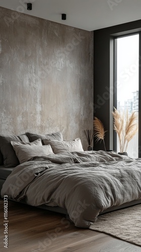 Modern bedroom design with gray bedding and large windows overlooking the city
