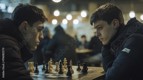 Two focused young men intensely playing chess in a dimly lit cafe.