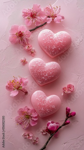 Romantic pink heart shapes surrounded by spring blossoms on a soft background