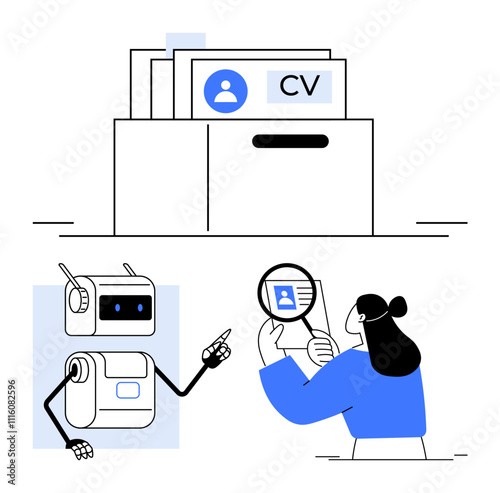 Filing cabinet with CV drawer robot pointing, person examining CV with magnifying glass. Ideal for HR, hiring, recruitment, technology, AI, analysis, business. Line metaphor