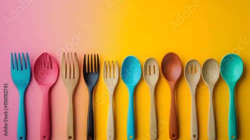 Colorful kitchen utensils arranged neatly on a vibrant surface