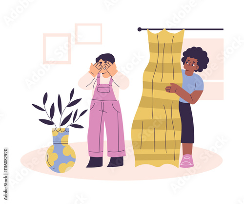 Boy Character Play Hide and Seek with His Friend Have Daily Routine Activity Vector Illustration