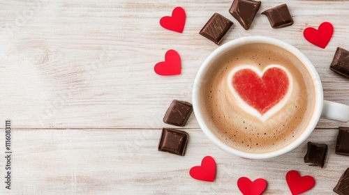 Hot coffee with heart design and chocolate on wooden table for romantic occasion