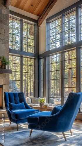 Elegant blue chairs with cozy decor in a modern living room with large windows