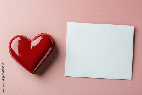 Red heart and empty card on pink background for love messages and celebrations