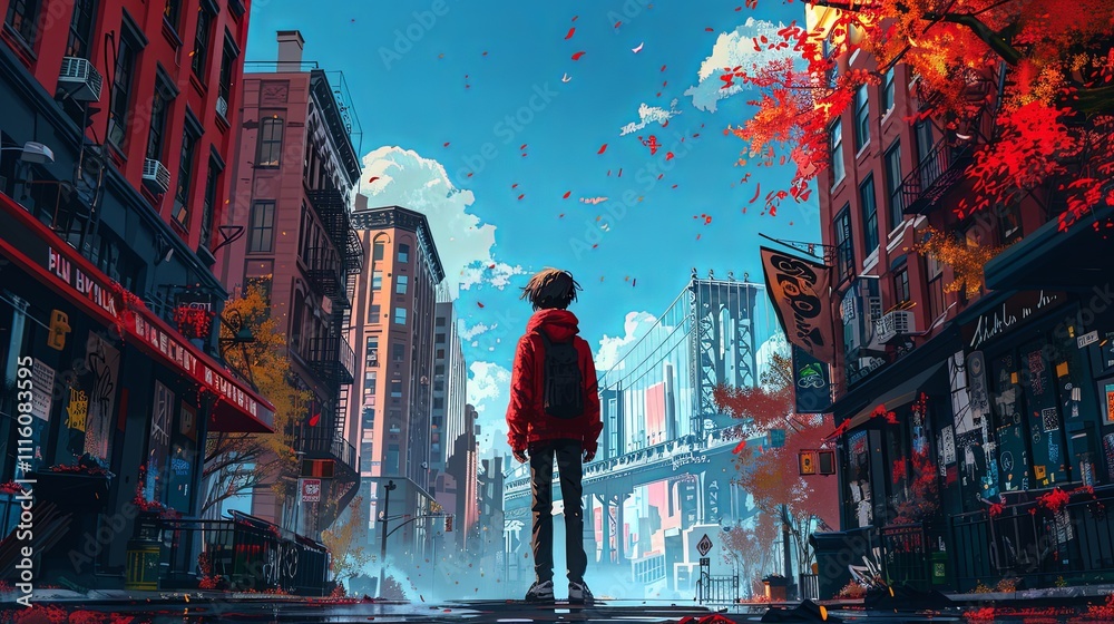 Obraz premium A solitary person stands on a rooftop in a dystopian cyberpunk city, illuminated by a glowing yellow moon and scattered lights. 
