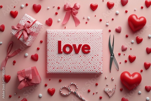 Beautiful romantic gift arrangement with love theme and decorations on pink b...