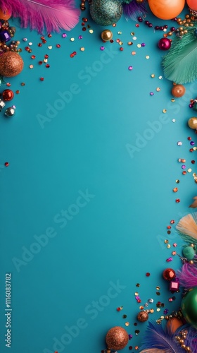 Colorful party decorations with masks and beads on blue background for festiv...