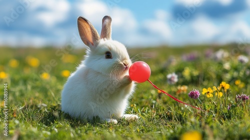White rabbit hopping through a vibrant wildflower field on a sunny day in spring