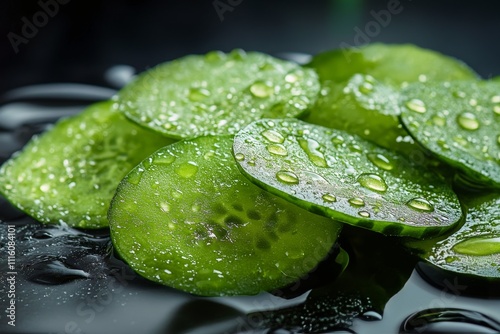 Refreshing green slices with water droplets arranged on a dark surface for a ...