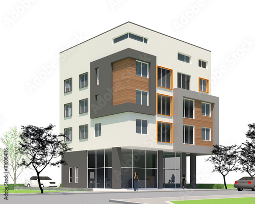 3D architectural rendering of a modern multi-story building. The structure appears to have four floors, with the ground level featuring large glass windows, likely intended for commercial or retail.