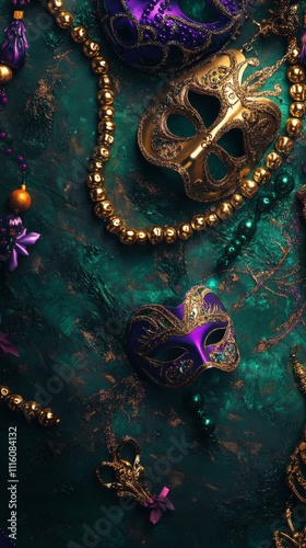 Vibrant golden mask surrounded by colorful beads and decorations in festive c...