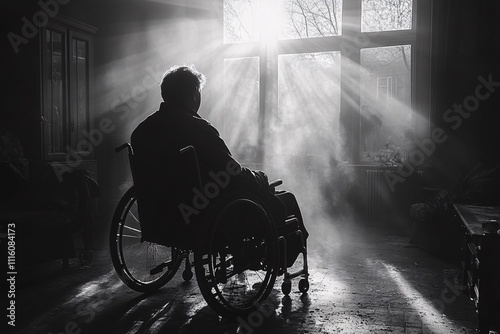 Senile depression Concept. Melancholic mood Lonely and sad elderly person in wheelchair in nursing home photo