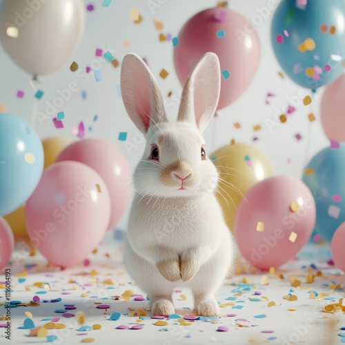 Cute white bunny surrounded by colorful balloons and confetti at a celebration