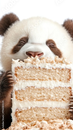 Adorable panda enjoying a slice of layered cream cake, showcasing its fluffy fur and playful expression. Perfect for themes of wildlife, food, and joyful moments, AI photo