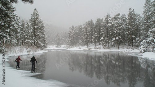 Winter skating activity on a frozen pond surrounded by trees in snowy landscape