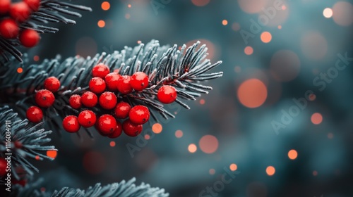 Vibrant red berries on frosty pine branches create a festive winter atmosphere