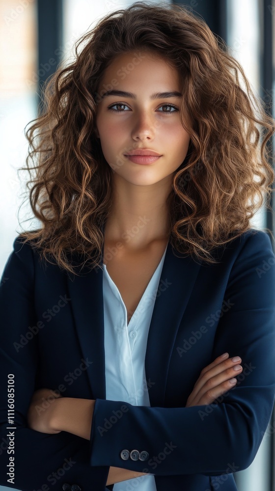 Obraz premium Confident woman with curly hair in professional attire poses indoors during daylight