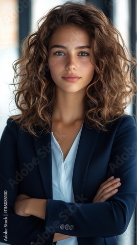Confident woman with curly hair in professional attire poses indoors during d...