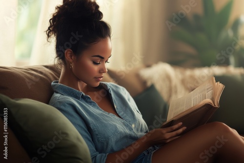 Young woman enjoys reading a book in a cozy living room filled with natural l...