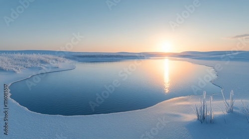Open water surrounded by ice in a serene landscape during winters bright dayl...