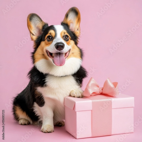 Cute corgi with a pink gift box in a cheerful setting perfect for celebrations