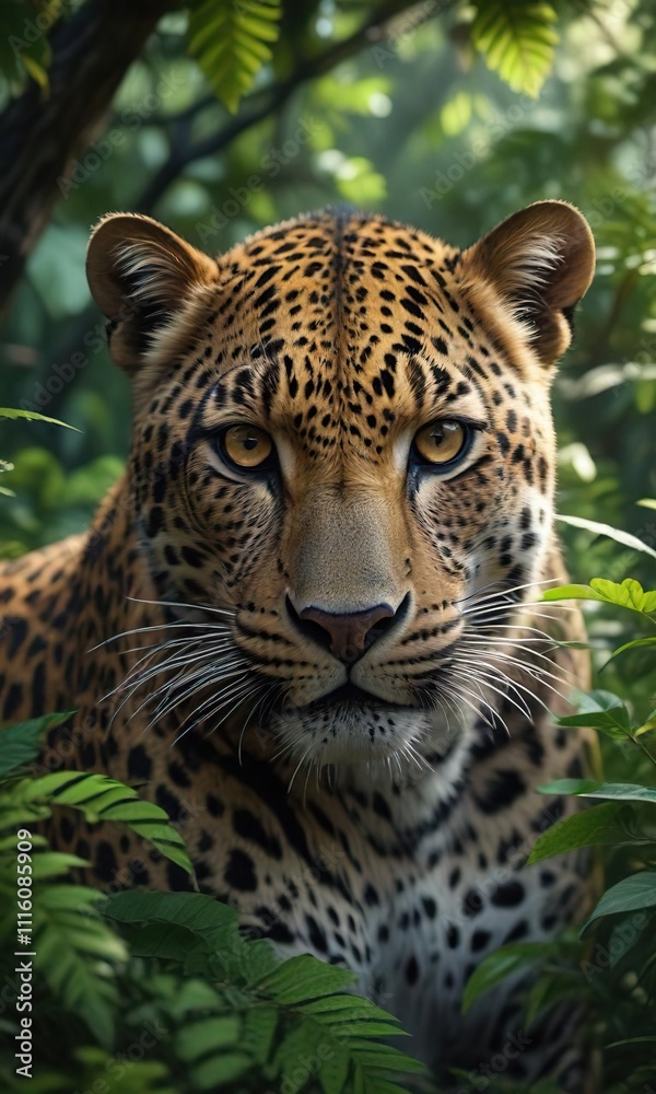 Obraz premium A leopard peers out from behind thick jungle foliage with an intense stare, leopard, wild, jungle
