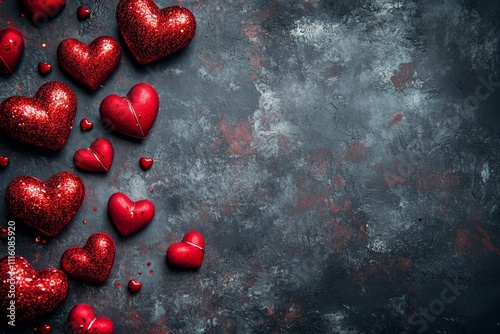 Red heart shaped decorations arranged on a textured grey background for special occasions photo