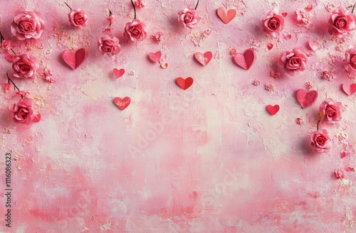 Beautiful arrangement of pink roses and hearts for romantic celebrations or e...