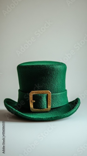 Bright green shamrock hat with gold buckle and black feather for festive cele...