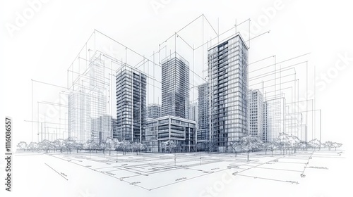 A city skyline is drawn in black and white with a lot of detail