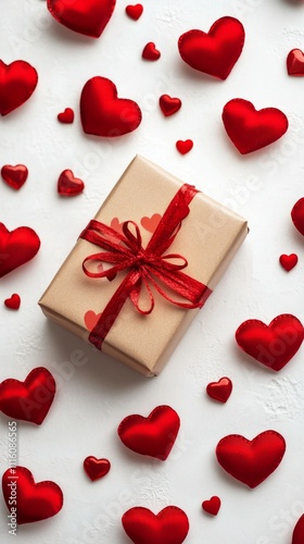 Gift box wrapped in brown paper with red ribbon and surrounded by red hearts ...