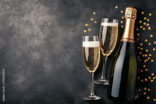 Celebration with sparkling wine and festive decorations on a dark surface
