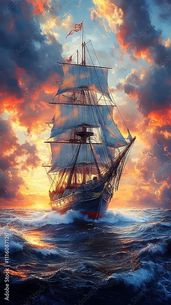 Fototapeta premium Majestic sailing ship gliding gracefully across golden ocean during sunset images
