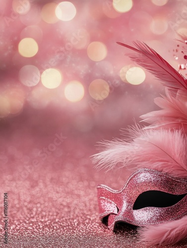 Glittering pink masquerade mask adorned with feathers on a sparkling surface ...