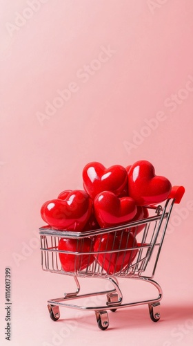 Shopping cart filled with red hearts on pink background for love or Valentine...