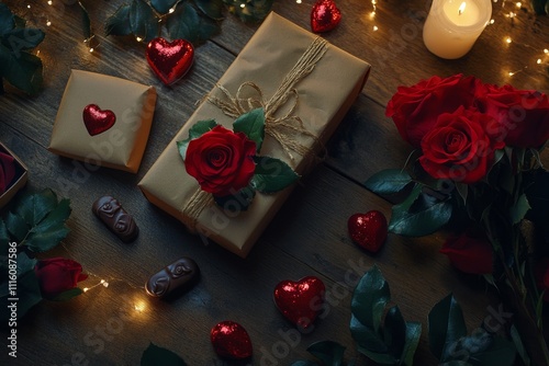 Romantic setting with gifts and roses for a special occasion celebration