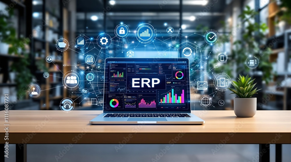 Business Professional Using ERP Software for Secure Online HR Management with Office Desk Background in Wide Banner Design Business Professional Using ERP Software for Secure Online HR Management with Office Desk Background in Wide Banner Design