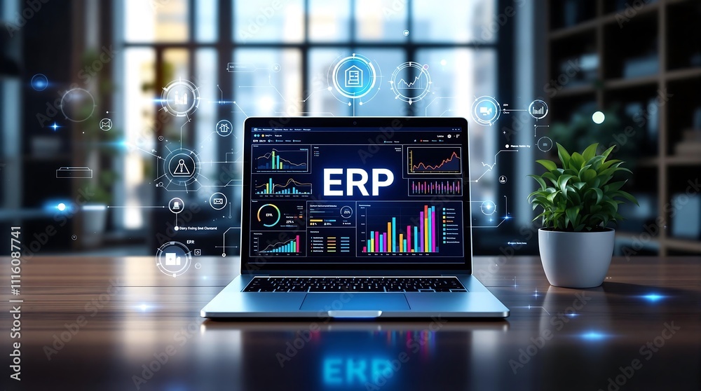 Business Professional Using ERP Software for Secure Online HR Management with Office Desk Background in Wide Banner Design