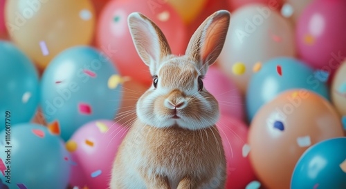 Cute rabbit surrounded by colorful eggs and confetti for spring celebration