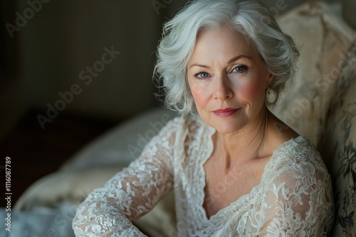 Timeless elegance of a silver haired woman with expressive eyes and soft feat...