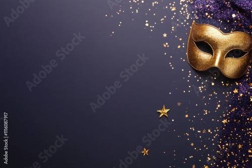 Glittering gold masquerade mask with stars and ribbons on dark background for...