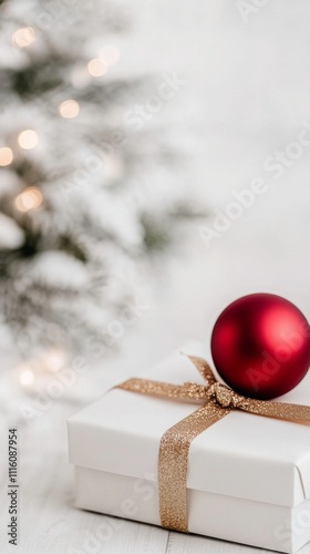 Festive red ornament on a gift box during the holiday season with blurred lights