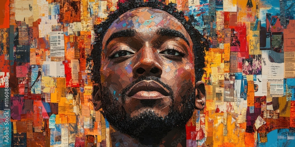 Vibrant portrait of a young man against a colorful abstract collage reflecting cultural depth and artistic expression Vibrant portrait of a young man against a colorful abstract collage reflecting cultural depth and artistic expression