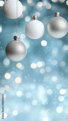 Elegant silver and white ornaments hang against a soft blue background with b...