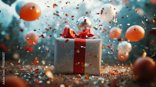 Celebration with a sparkling gift box surrounded by colorful confetti and shi...