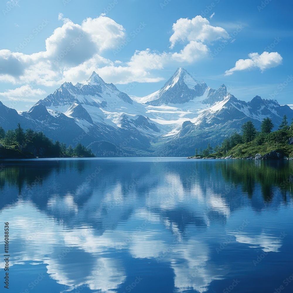 Fototapeta premium Breathtaking mountain landscape with snow-capped peaks and a tranquil lake reflecting the sky, Ideal for travel, nature, and wellness themes in marketing materials or websites,