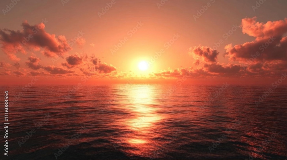 Obraz premium A serene sunset over calm ocean waters, reflecting warm colors.