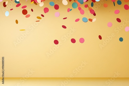 Bright yellow background adorned with vibrant confetti falling from above
